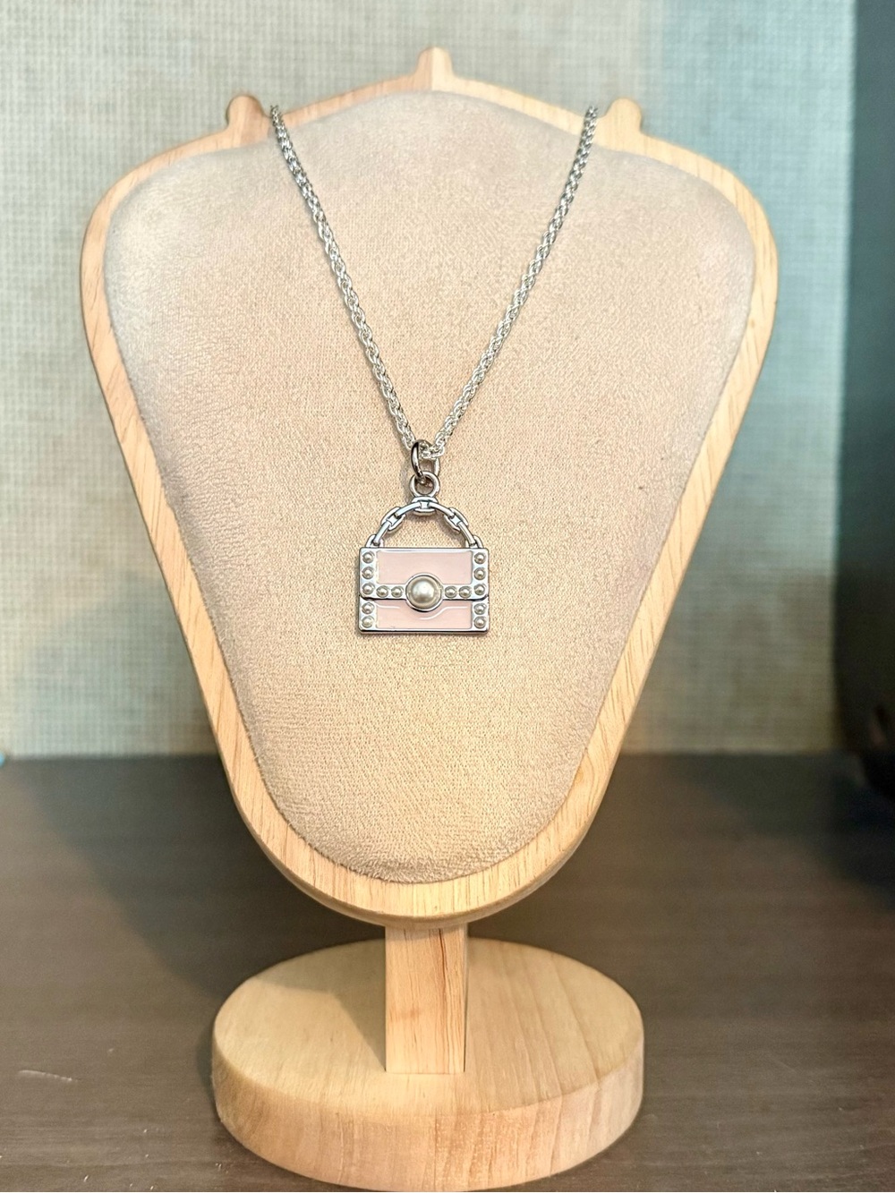 $68.00- Karl Lagerfeld Pink Enamel Tote Bag Pendant .925 Sterling Necklace